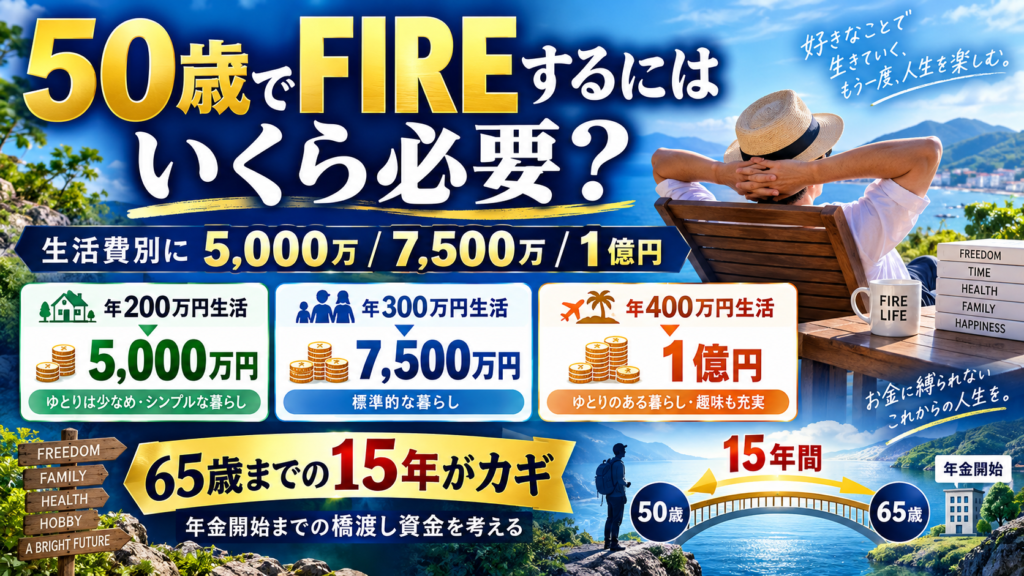 00：50歳でFIREするにはいくら必要か、5000万円・7500万円・1億円を考える記事のアイキャッチ