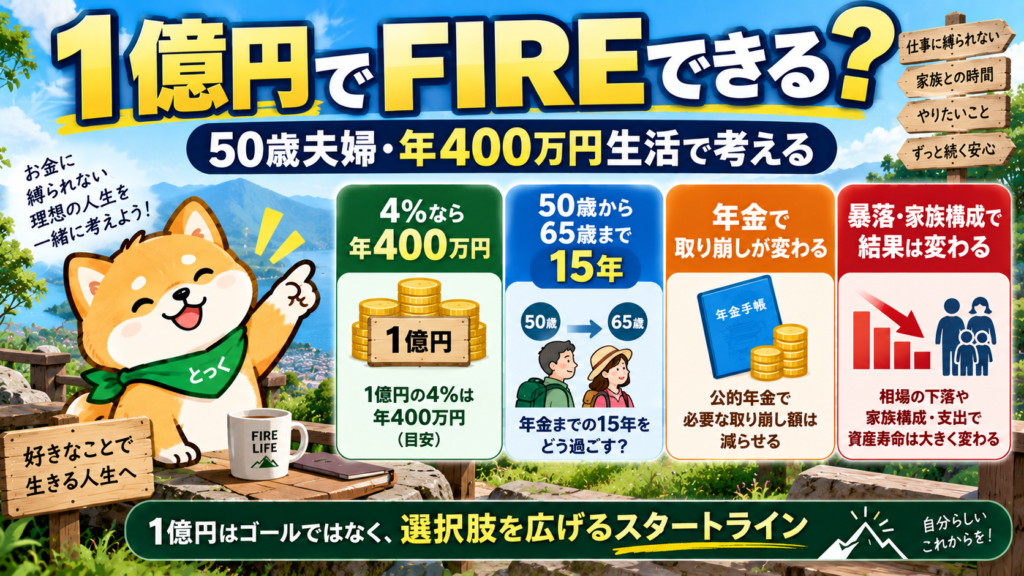 00：1億円でFIREできるか50歳夫婦で年間400万円生活を考えるアイキャッチ