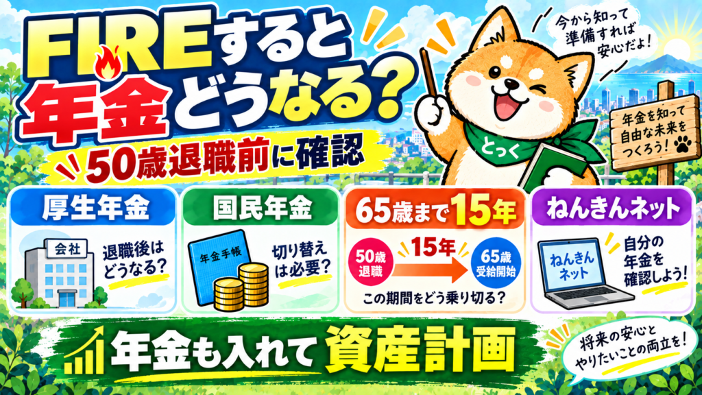 00：FIREすると年金がどうなるか50歳退職から65歳までの15年を示すアイキャッチ