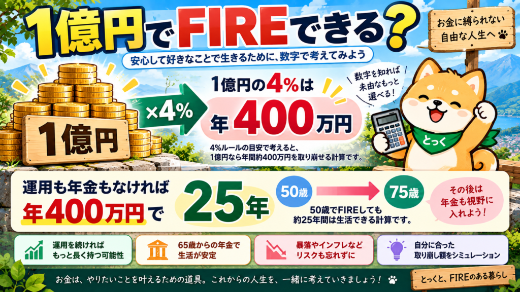 01:資産1億円の4パーセントは年間400万円で運用や年金がなければ25年という目安を示す図