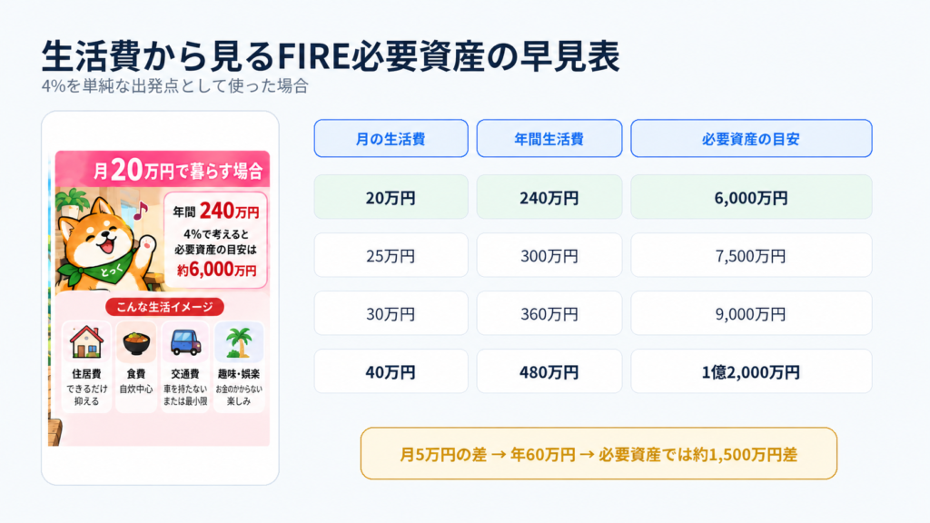 01：FIRE生活費の月額から年間支出と必要資産を比較する早見表