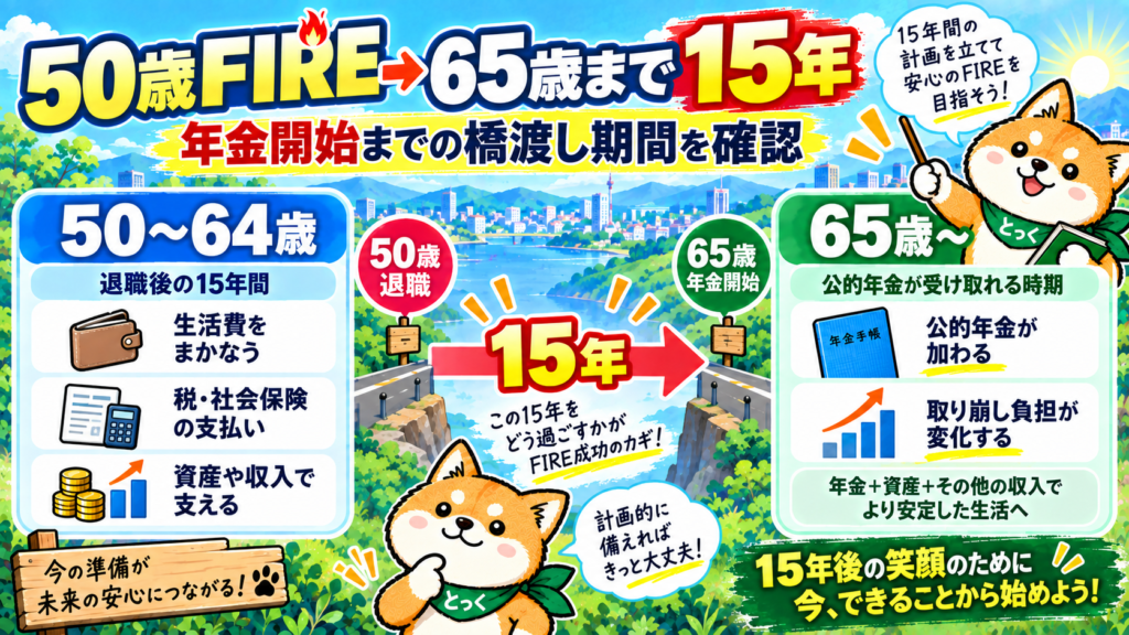 01:50歳FIREから原則65歳の年金受給開始まで15年間あることを示す図