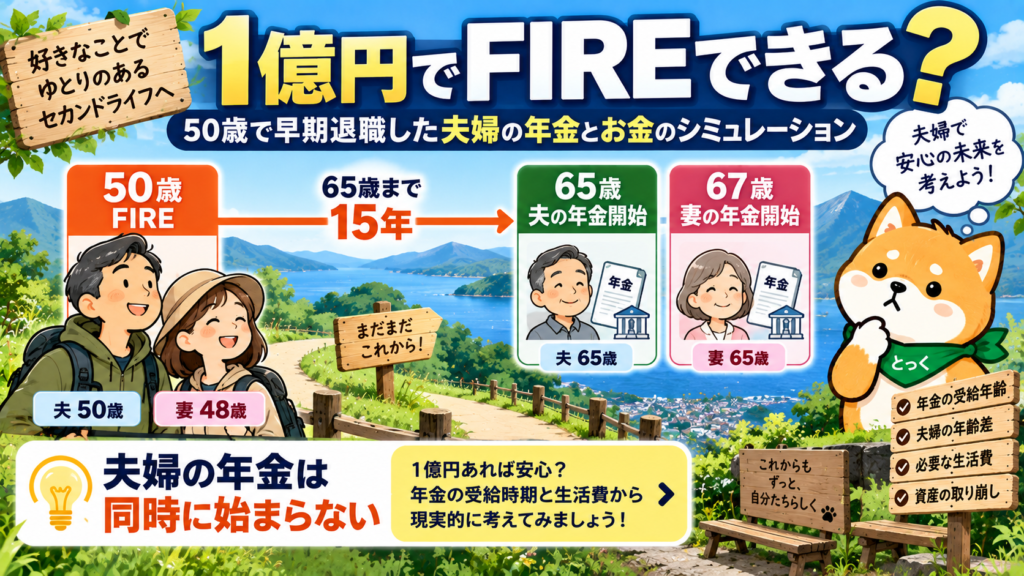 03:50歳夫婦がFIREして本人65歳と配偶者67歳に年金開始するまでの流れ