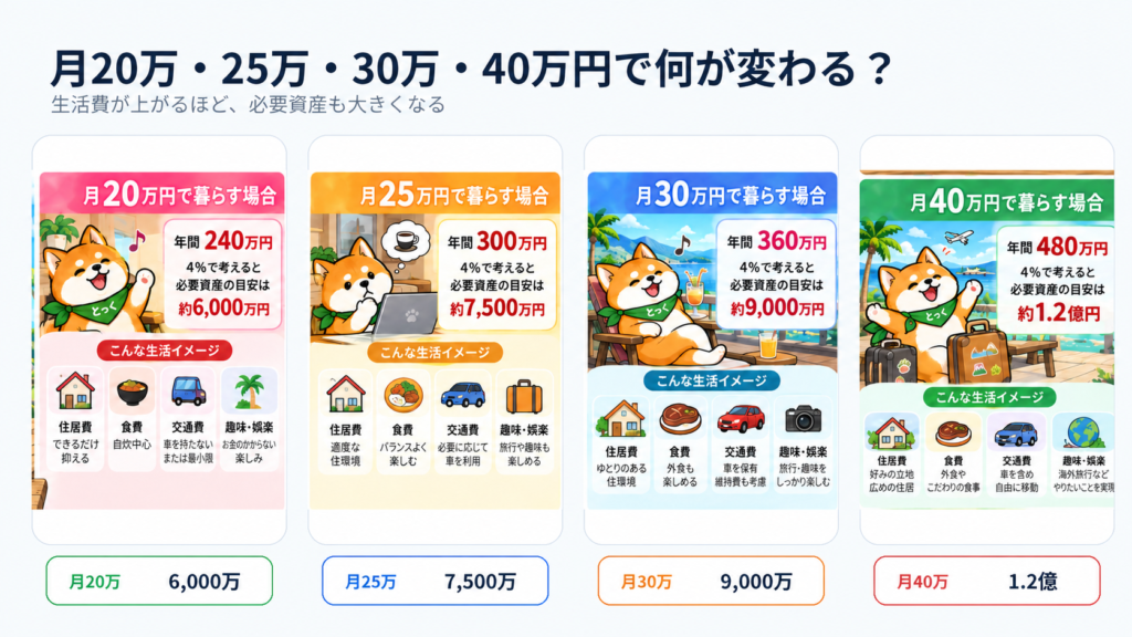 03：月20万円25万円30万円40万円のFIRE生活費と必要資産の比較