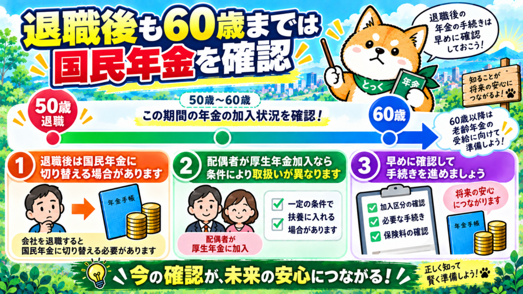 03:50歳退職後も60歳未満は国民年金加入を確認するタイムライン