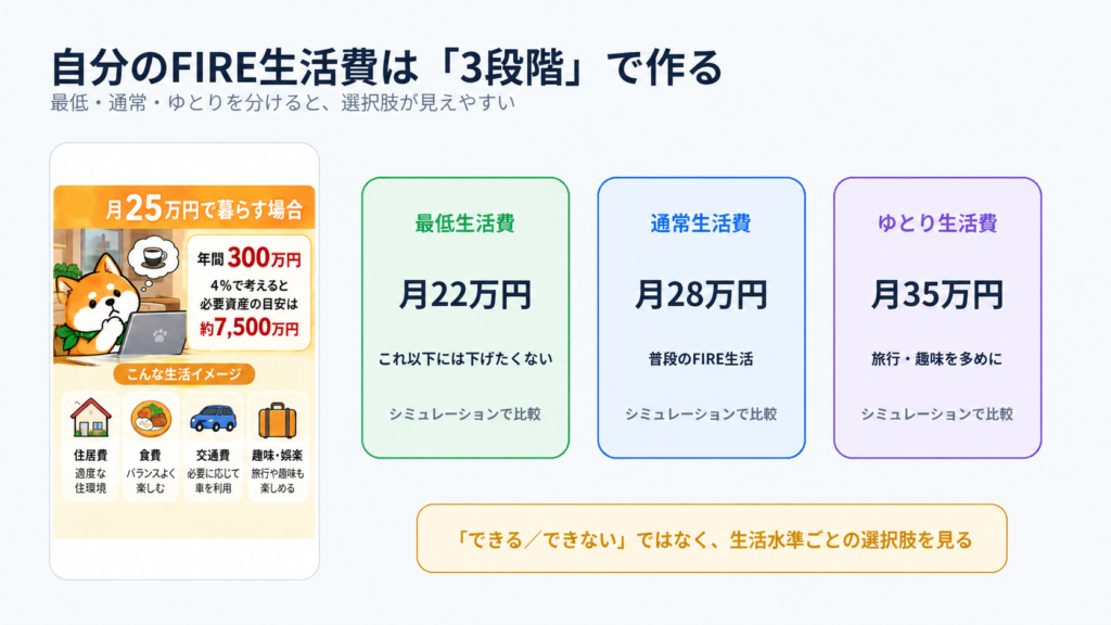06：FIRE生活費を最低通常ゆとりの3段階で考える図