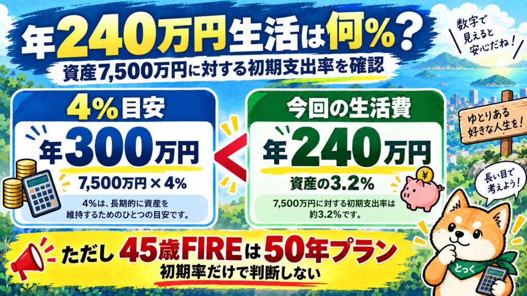 02：資産7500万円に対する年間240万円生活の初期支出率3.2パーセントと4パーセント目安の比較
