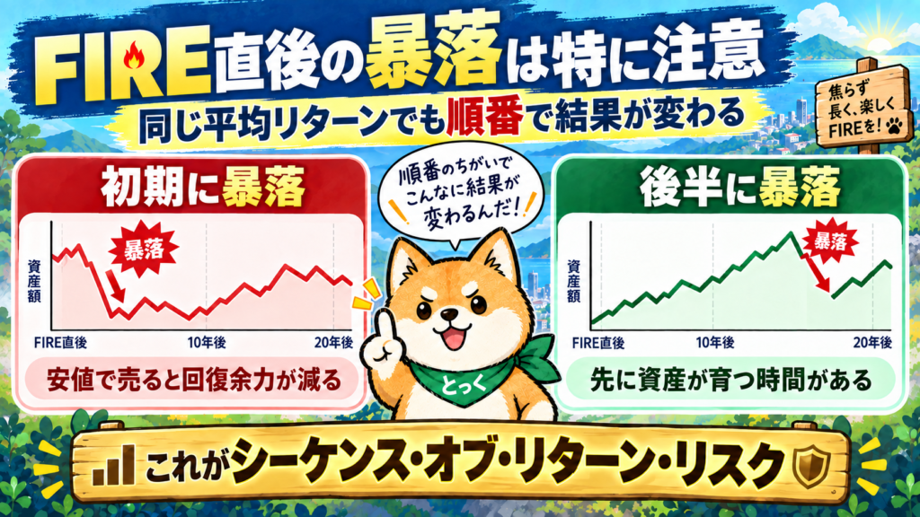 06：FIRE初期の暴落と後半の暴落で取り崩し結果が変わるシーケンスリスク図
