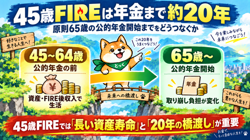 05：45歳FIREから原則65歳の公的年金開始まで約20年あることを示す図
