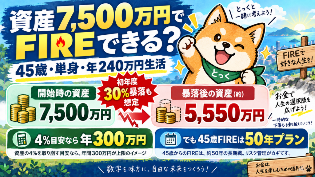 00：資産7500万円で45歳単身がFIREできるか年240万円生活と初年度30パーセント暴落で考えるアイキャッチ