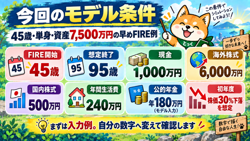 01：45歳単身で資産7500万円、年間支出240万円、初年度30パーセント暴落のモデル条件
