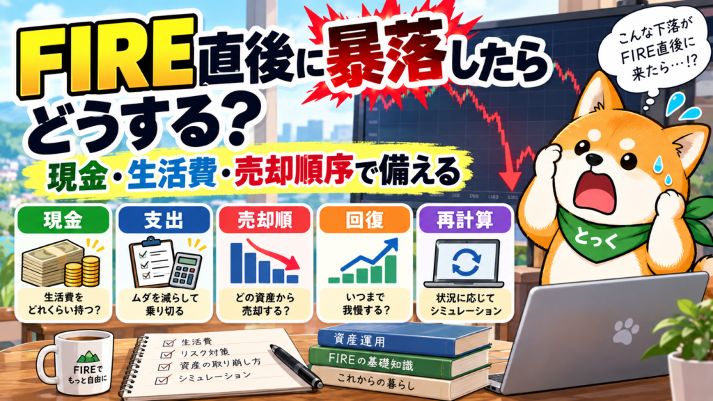 FIRE直後に株価暴落が起きた場合の現金・生活費・売却順序の対策を解説するとっくのアイキャッチ