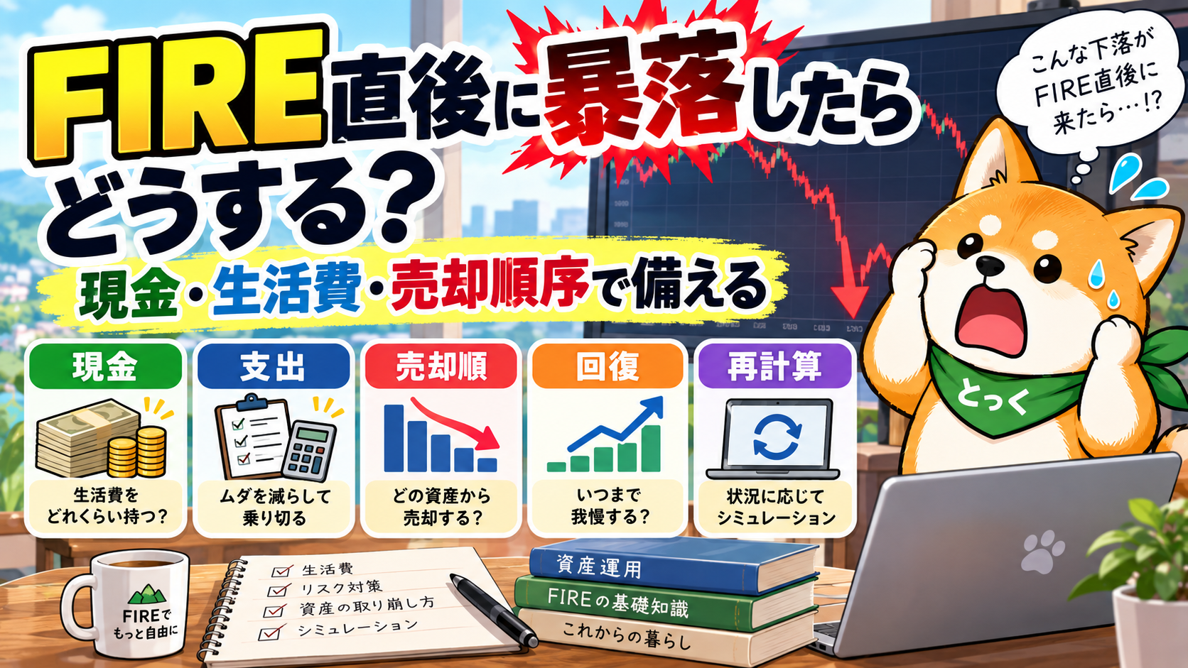 FIRE直後に株価暴落が起きた場合の現金・生活費・売却順序の対策を解説するとっくのアイキャッチ