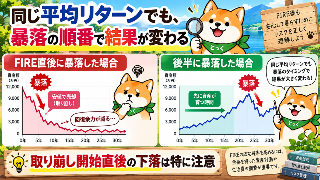 FIRE直後の暴落と後半の暴落で資産取り崩しへの影響が変わるシーケンスリスクの図