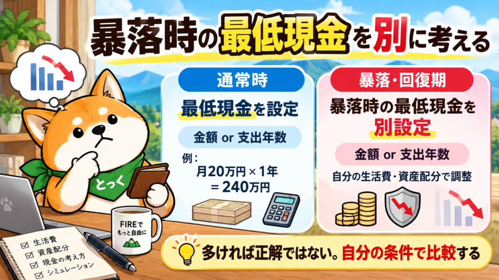 FIRE中の株価暴落に備えて最低限残す現金と生活費何年分かを考える図