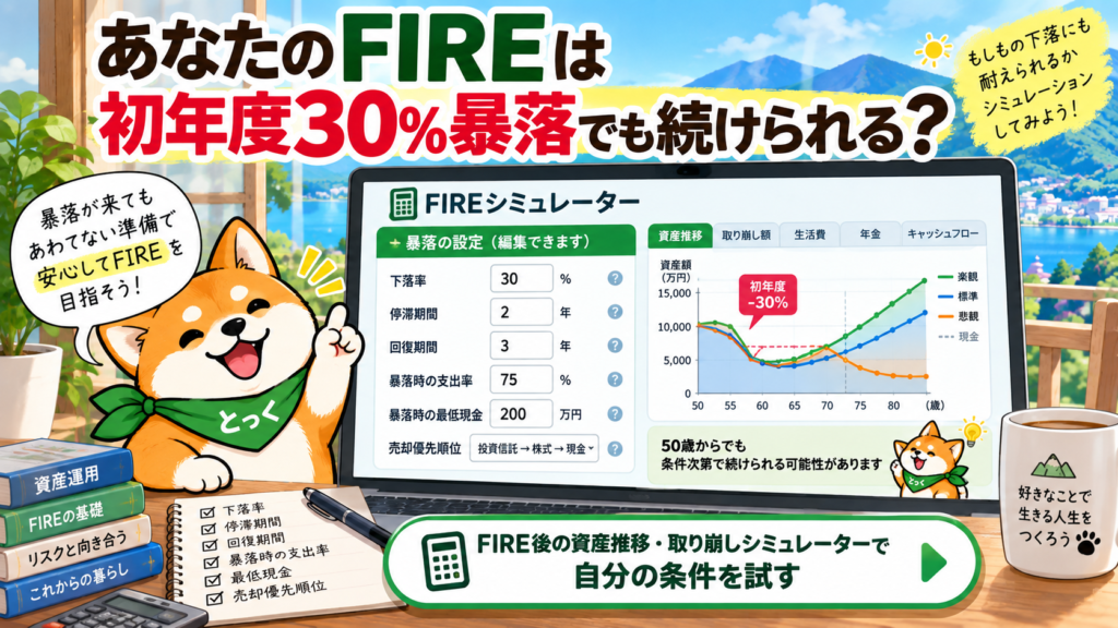 - FIRE開始年齢・生活費・資産・年金・株価暴落を入力して資産寿命を確認するシミュレーター