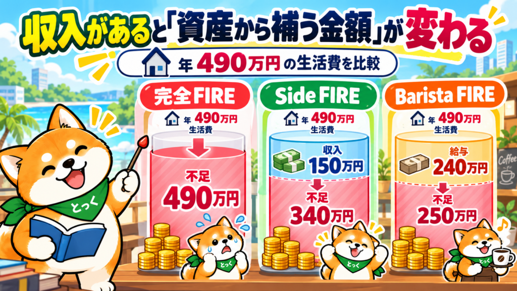 年間生活費490万円に対して完全FIRE・Side FIRE・Barista FIREの収入と不足額を単純比較した図