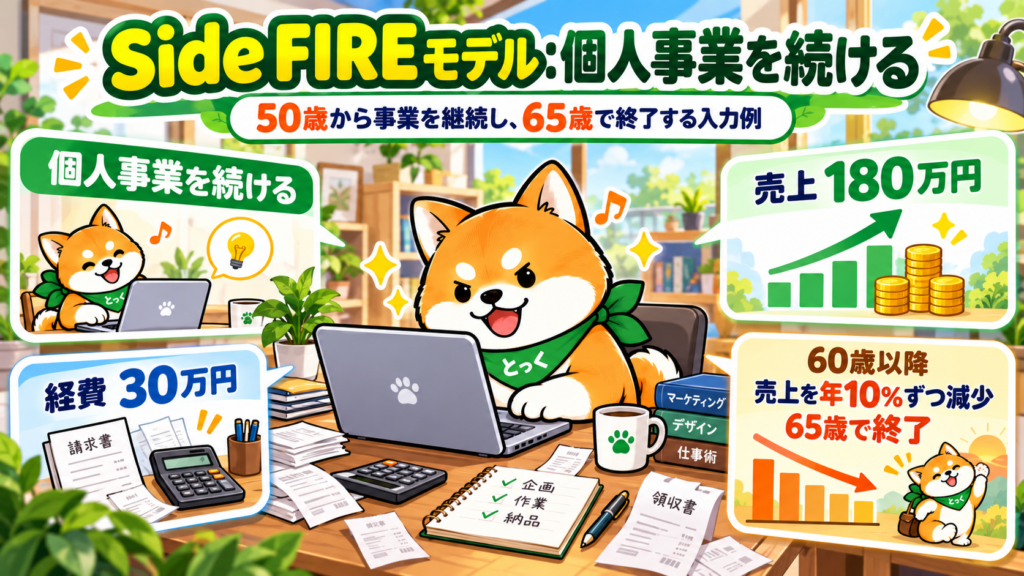 50歳夫婦のSide FIREで個人事業の売上180万円・経費30万円を65歳まで設定するモデル例