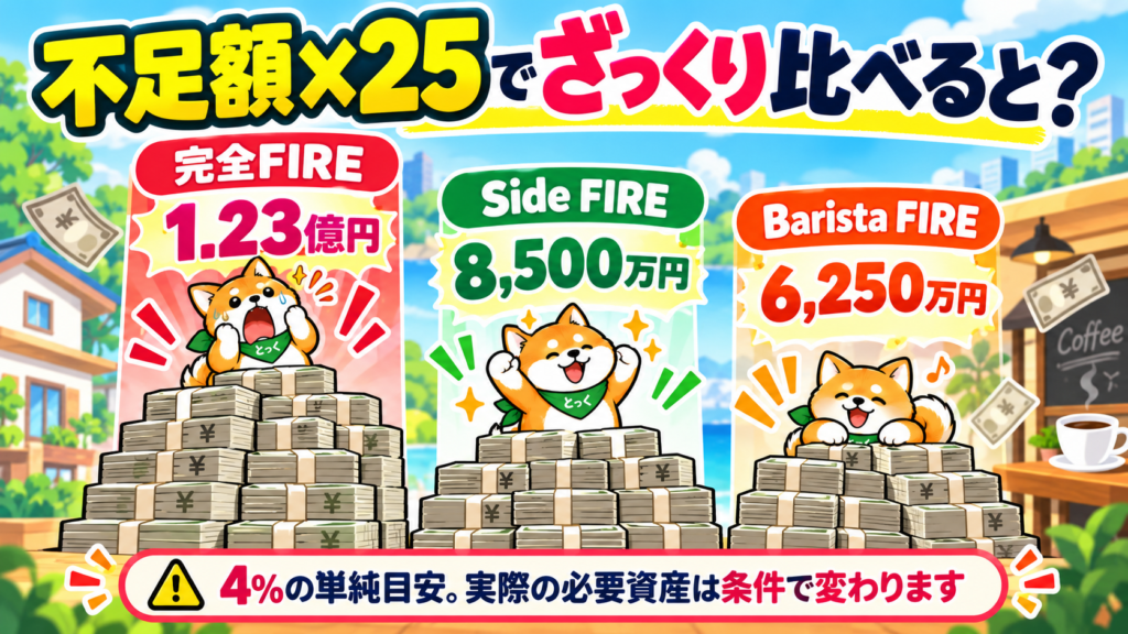 完全FIRE・Side FIRE・Barista FIREの初年度不足額を25倍した単純な必要資産目安の比較図