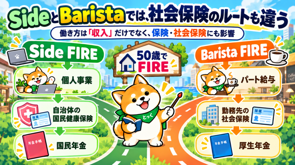 Side FIREの個人事業とBarista FIREのパート給与で社会保険の扱いが異なるモデルを示す図